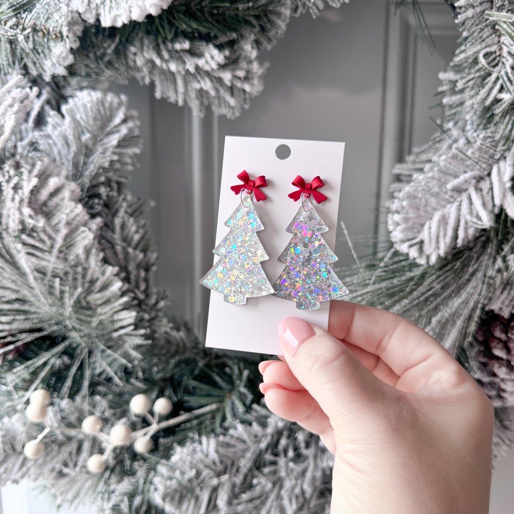 Red Bow Silver Glitter Tree Earrings