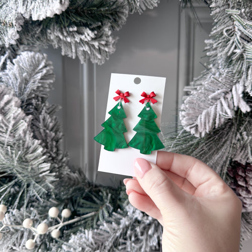 Red Bow Green Marble Tree Earrings