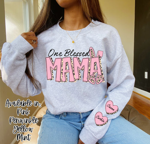 One Blessed Mama | Leopard Sweatshirt with names on sleeve