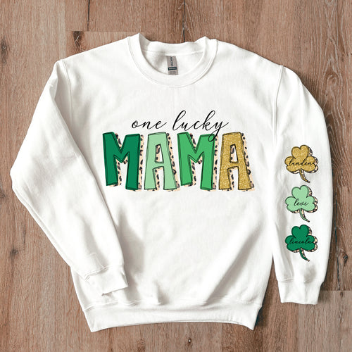 One Lucky 🍀 Mama | Leopard Sweatshirt with names on sleeve