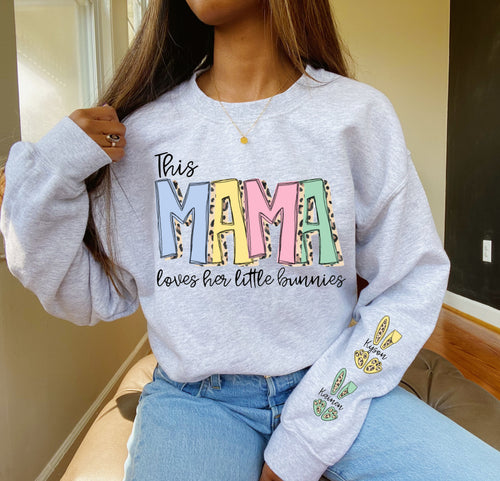 This Mama Loves Her Little Bunnies 🐰 | Leopard Sweatshirt with names on sleeve