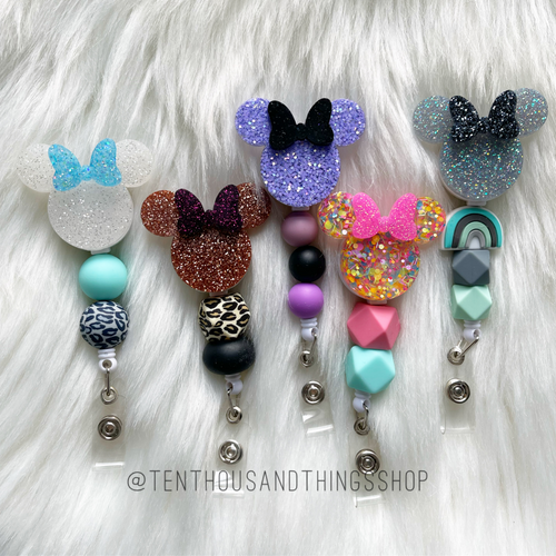 Glitter Mouse Head | Beaded Badge Reel